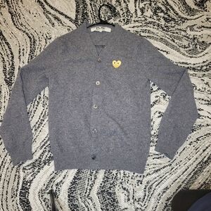 Comme des Garcons Play Gray V-Neck Cardigan with Yellow Heart